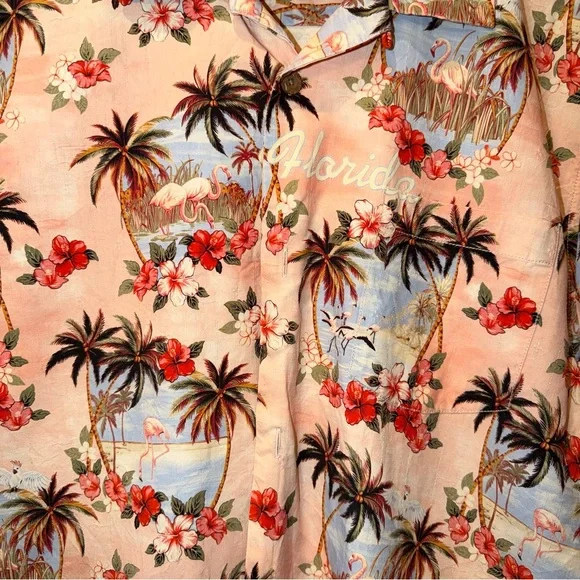 Tommy Bahama Florida Tropical Flamingo Short Sleeve Button-Up 100% Silk Size L